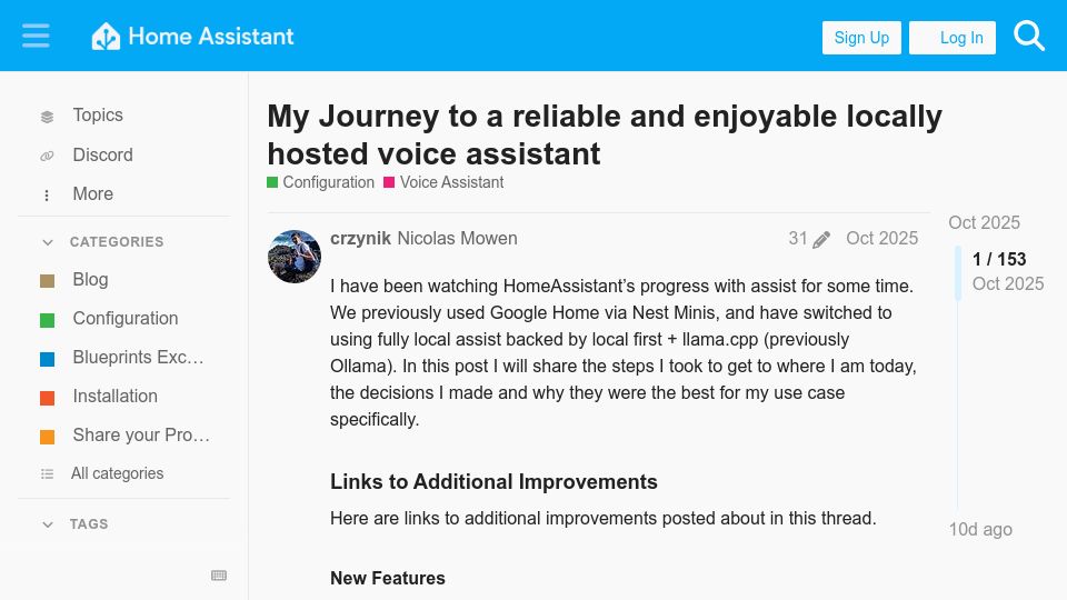 Screenshot of community.home-assistant.io: My Journey to a reliable and enjoyable locally hosted voice assistant (2025)