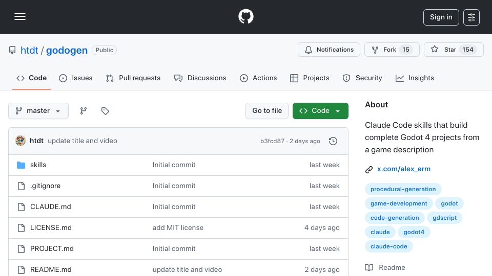 Screenshot of github.com: Show HN: Claude Code skills that build complete Godot games