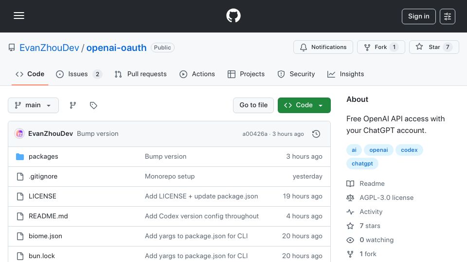 Screenshot of github.com: Show HN: Free OpenAI API Access with ChatGPT Account
