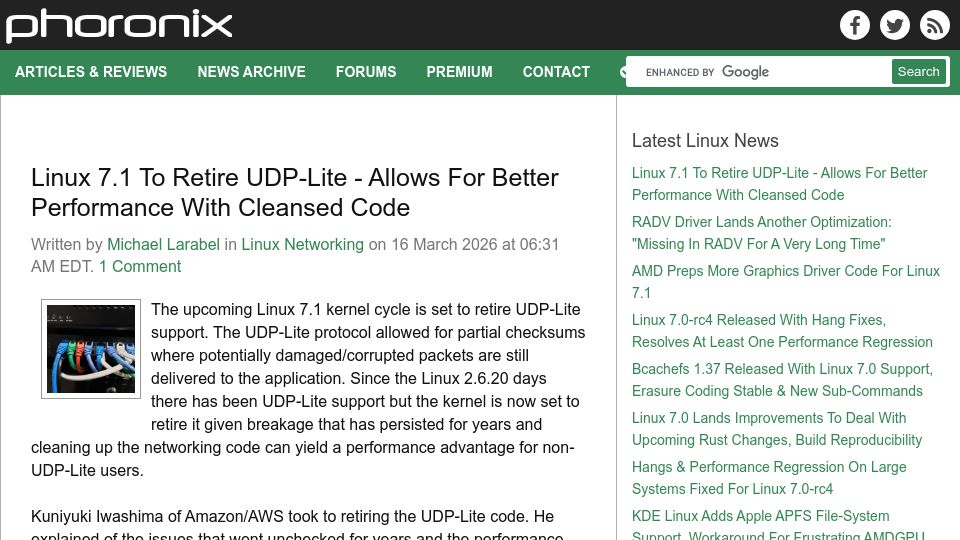 Screenshot of phoronix.com: Linux 7.1 to Retire UDP-Lite – Allows for Better Performance with Cleansed Code