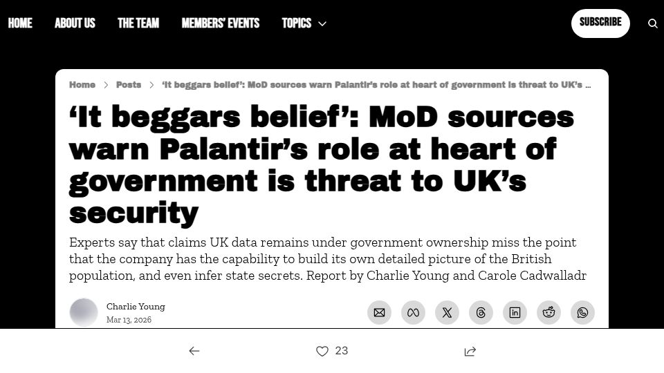 Screenshot of thenerve.news: MoD sources warn Palantir role at heart of government is threat to UK security