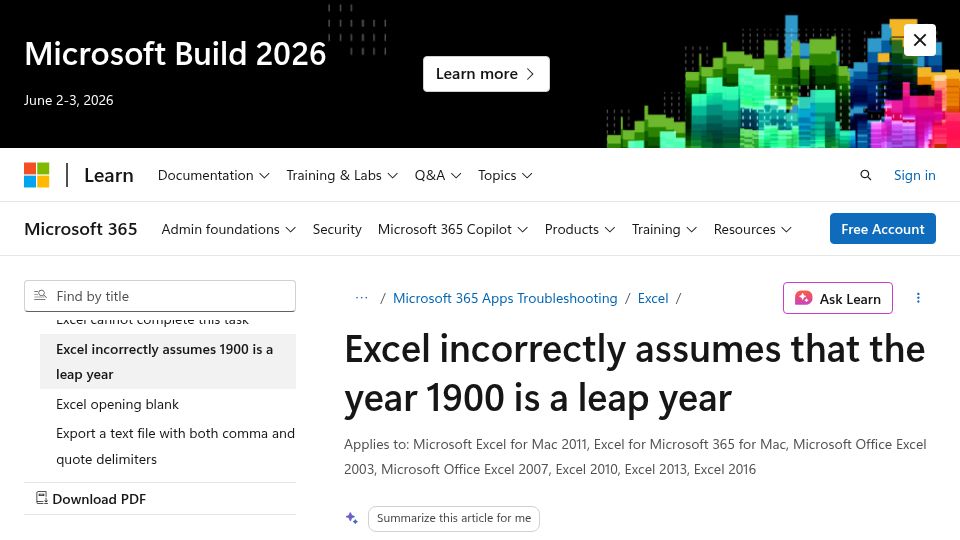 Screenshot of learn.microsoft.com: Excel incorrectly assumes that the year 1900 is a leap year