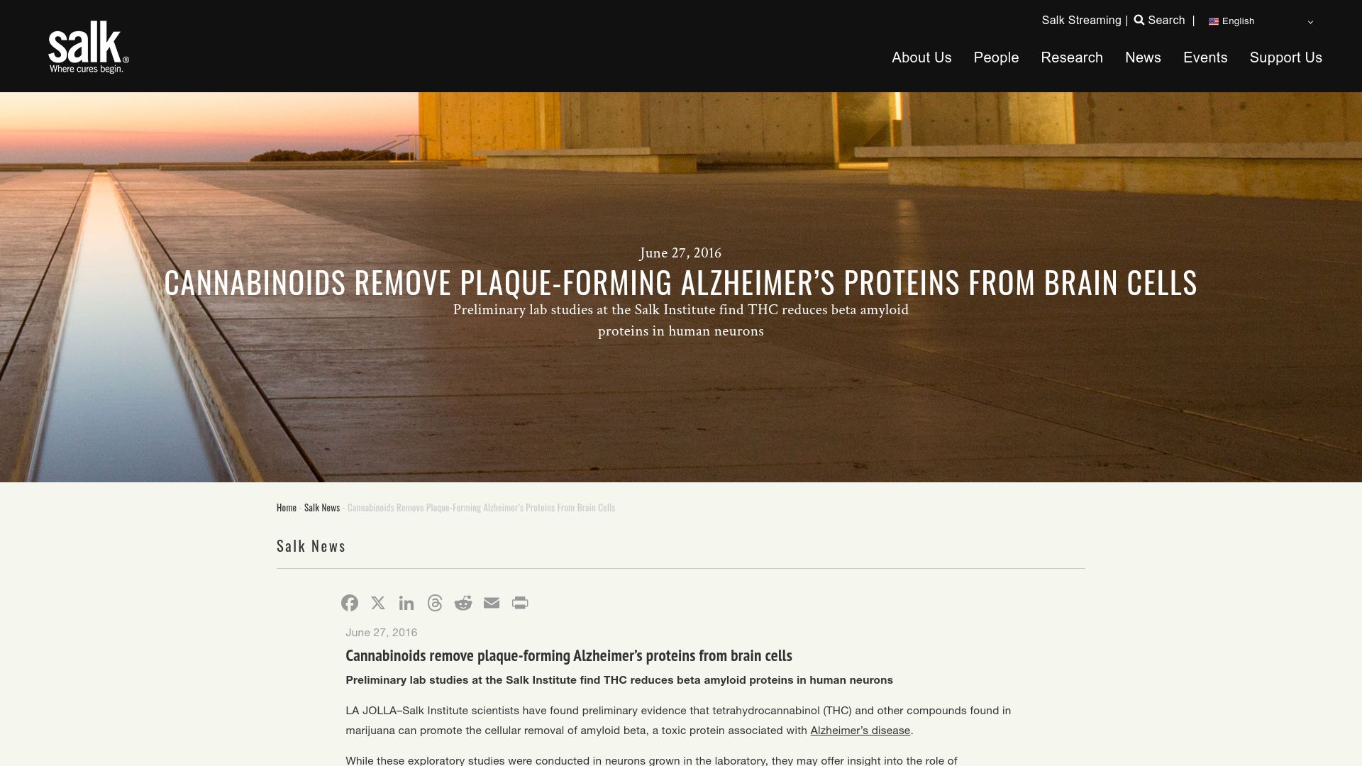 Screenshot of salk.edu: Cannabinoids remove plaque-forming Alzheimer's proteins from brain cells (2016)