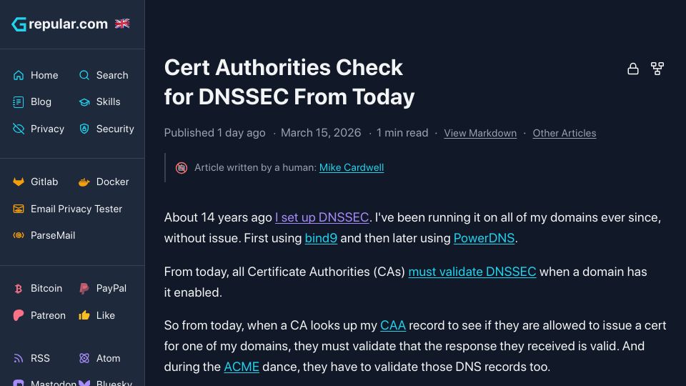 Screenshot of grepular.com: Cert Authorities Check for DNSSEC from Today