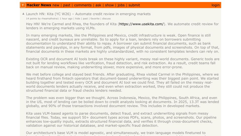 Screenshot of Hacker News post: Launch HN: Kita (YC W26) – Automate credit review in emerging markets