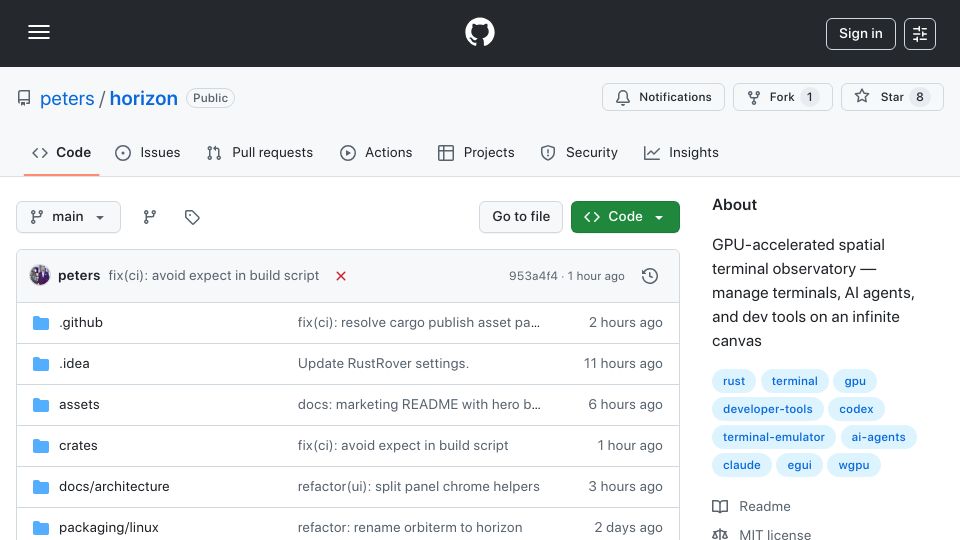 Screenshot of github.com: Show HN: Horizon – GPU-accelerated infinite-canvas terminal in Rust