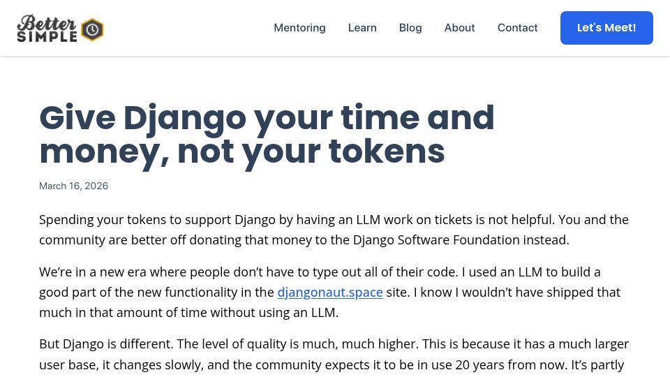 Screenshot of better-simple.com: Give Django your time and money, not your tokens