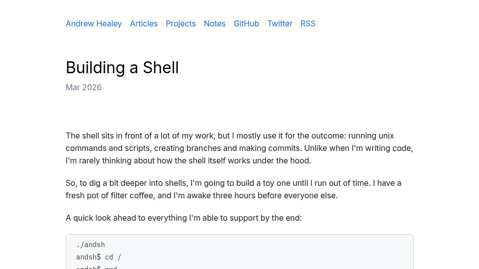 Screenshot of healeycodes.com: Building a Shell