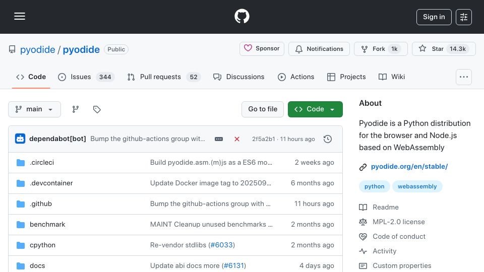 Screenshot of github.com: Pyodide: a Python distribution based on WebAssembly