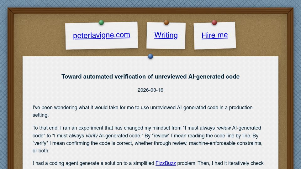 Screenshot of peterlavigne.com: Toward automated verification of unreviewed AI-generated code