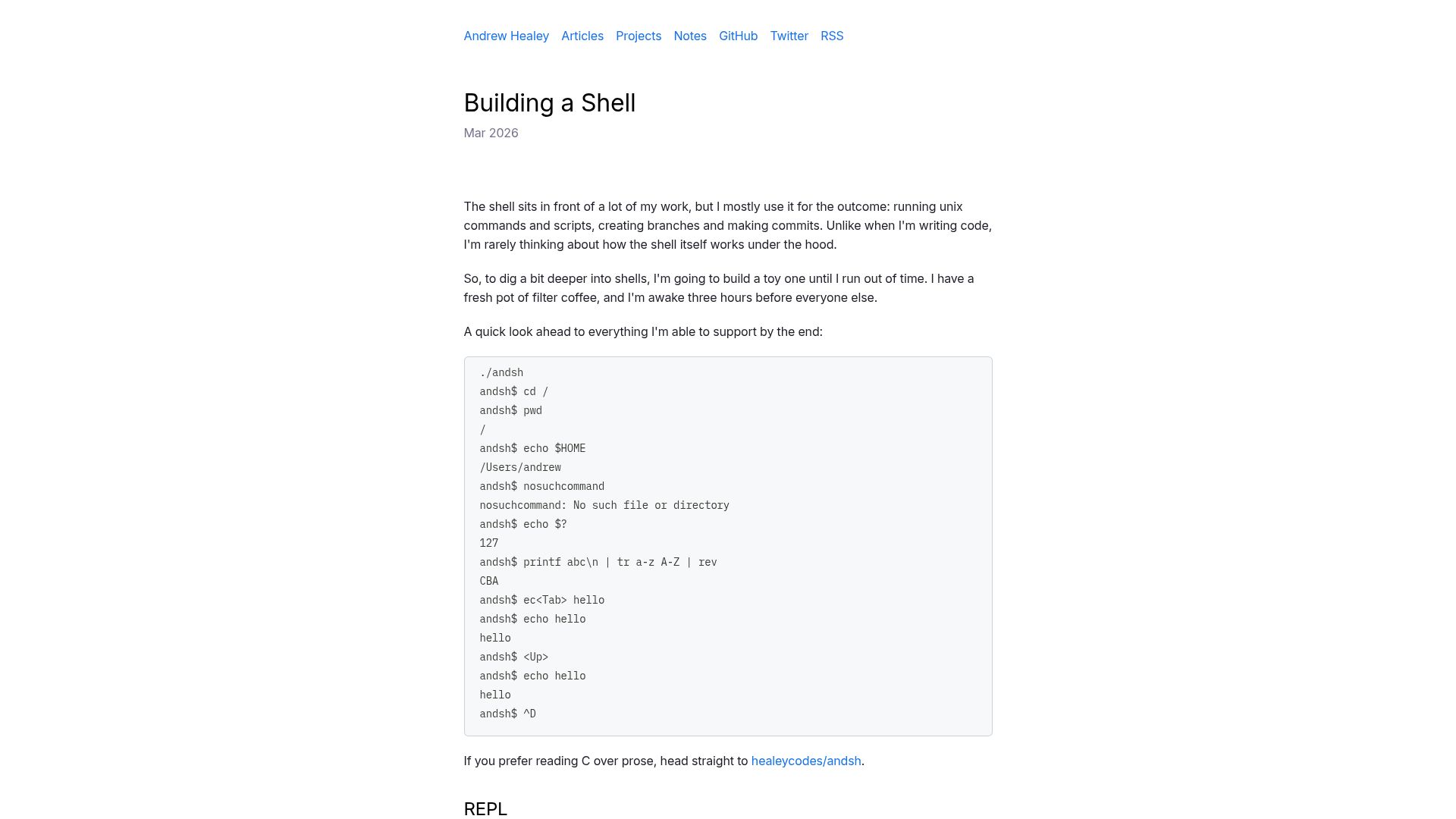 Screenshot of healeycodes.com: Building a Shell