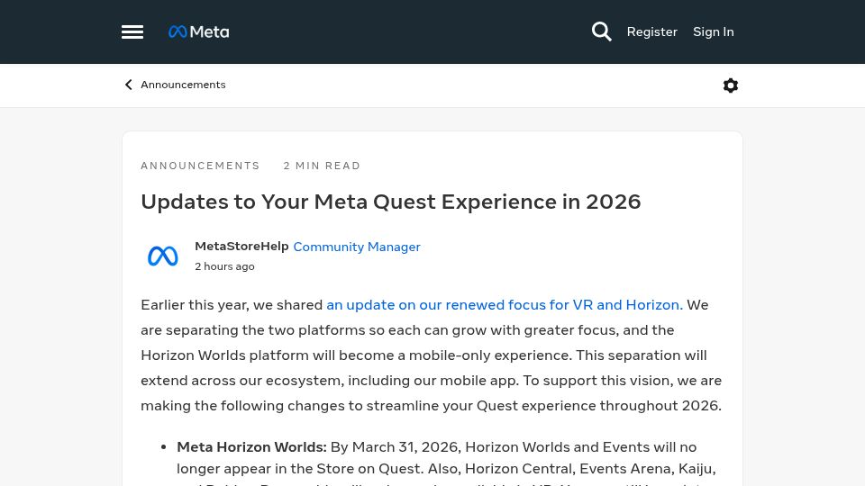 Screenshot of communityforums.atmeta.com: Meta Horizon Worlds on Meta Quest is being discontinued