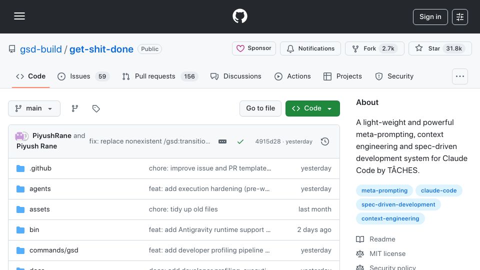 Screenshot of github.com: Get Shit Done: A meta-prompting, context engineering and spec-driven dev system