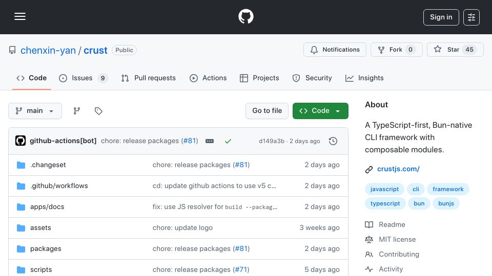 Screenshot of github.com: Show HN: Crust – A CLI framework for TypeScript and Bun