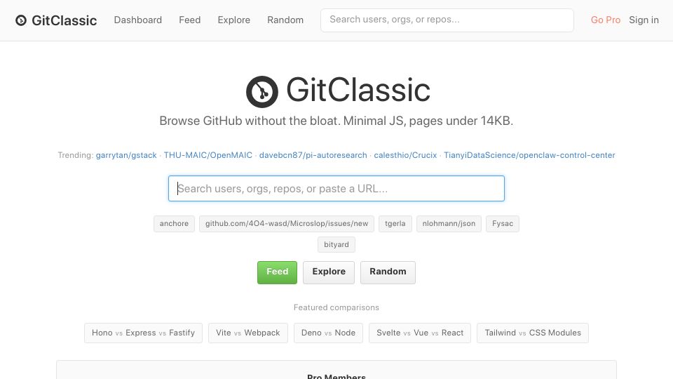 Screenshot of gitclassic.com: Show HN: GitClassic.com, a fast, lightweight GitHub thin client (pages <14KB)