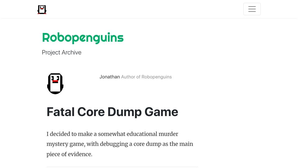 Screenshot of robopenguins.com: Fatal Core Dump Game