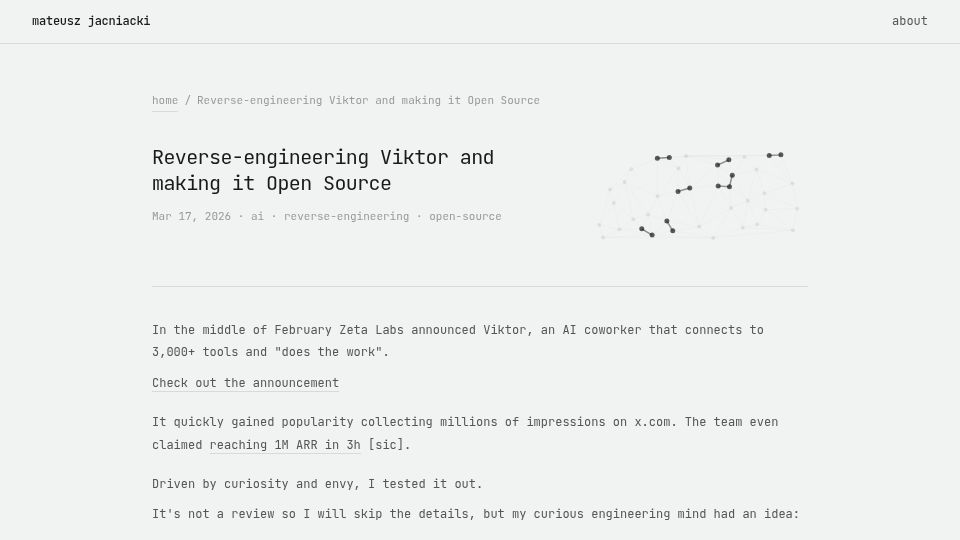 Screenshot of matijacniacki.com: Reverse-engineering Viktor and making it open source