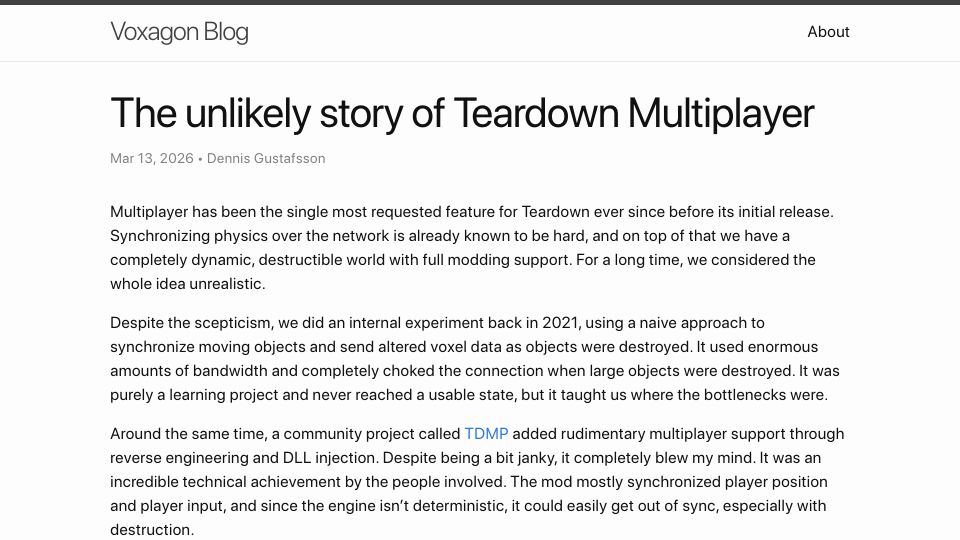 Screenshot of blog.voxagon.se: The unlikely story of Teardown Multiplayer