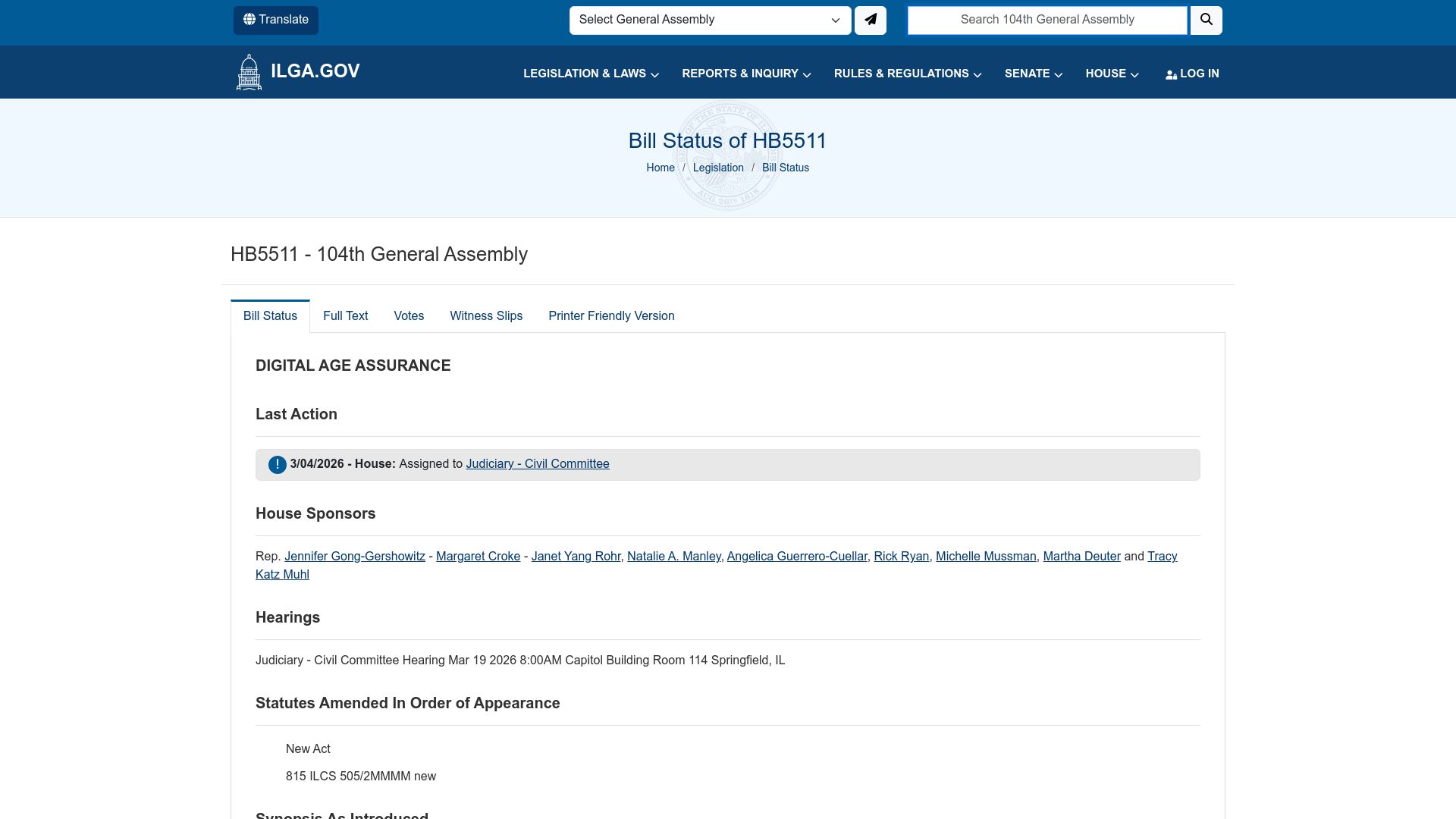 Screenshot of ilga.gov: Illinois Introducing Operating System Account Age Bill
