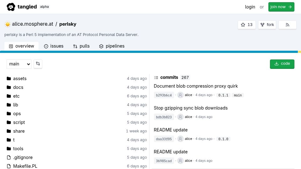 Screenshot of tangled.org: Perlsky Is a Perl 5 Implementation of an at Protocol Personal Data Server