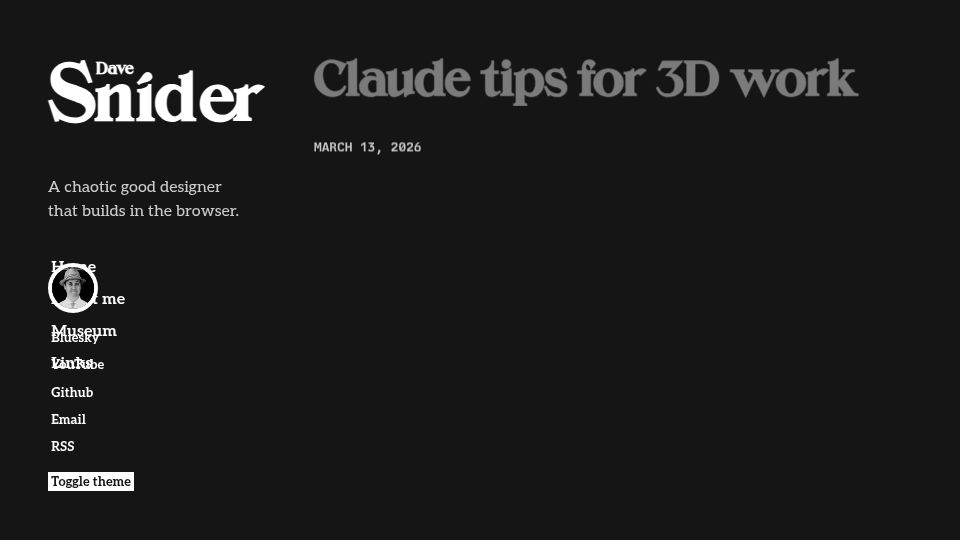 Screenshot of davesnider.com: Claude Tips for 3D Work