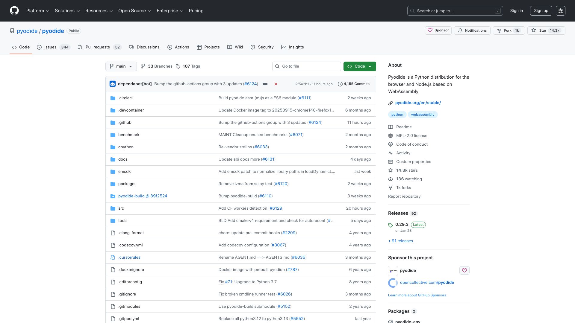 Screenshot of github.com: Pyodide: a Python distribution based on WebAssembly