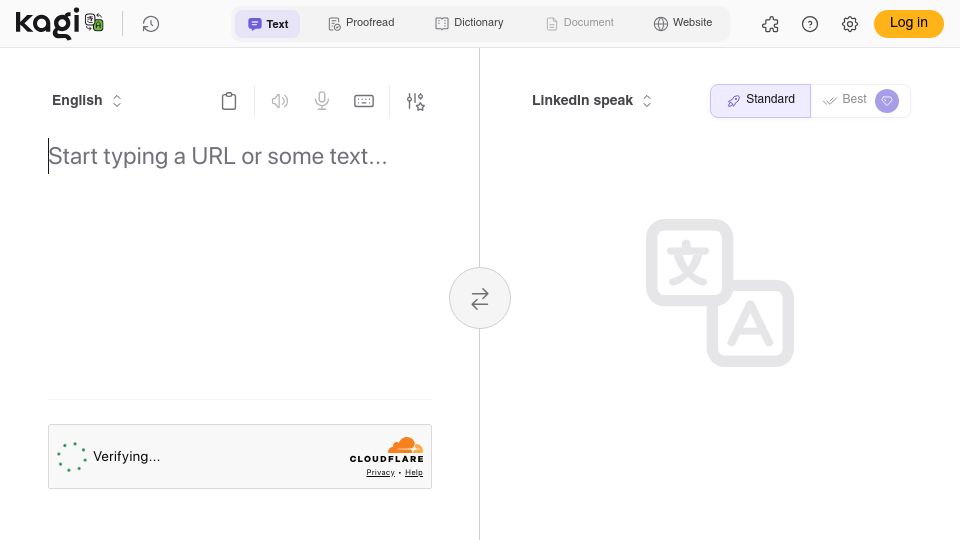 Screenshot of translate.kagi.com: Kagi Translate now supports LinkedIn Speak as an output language