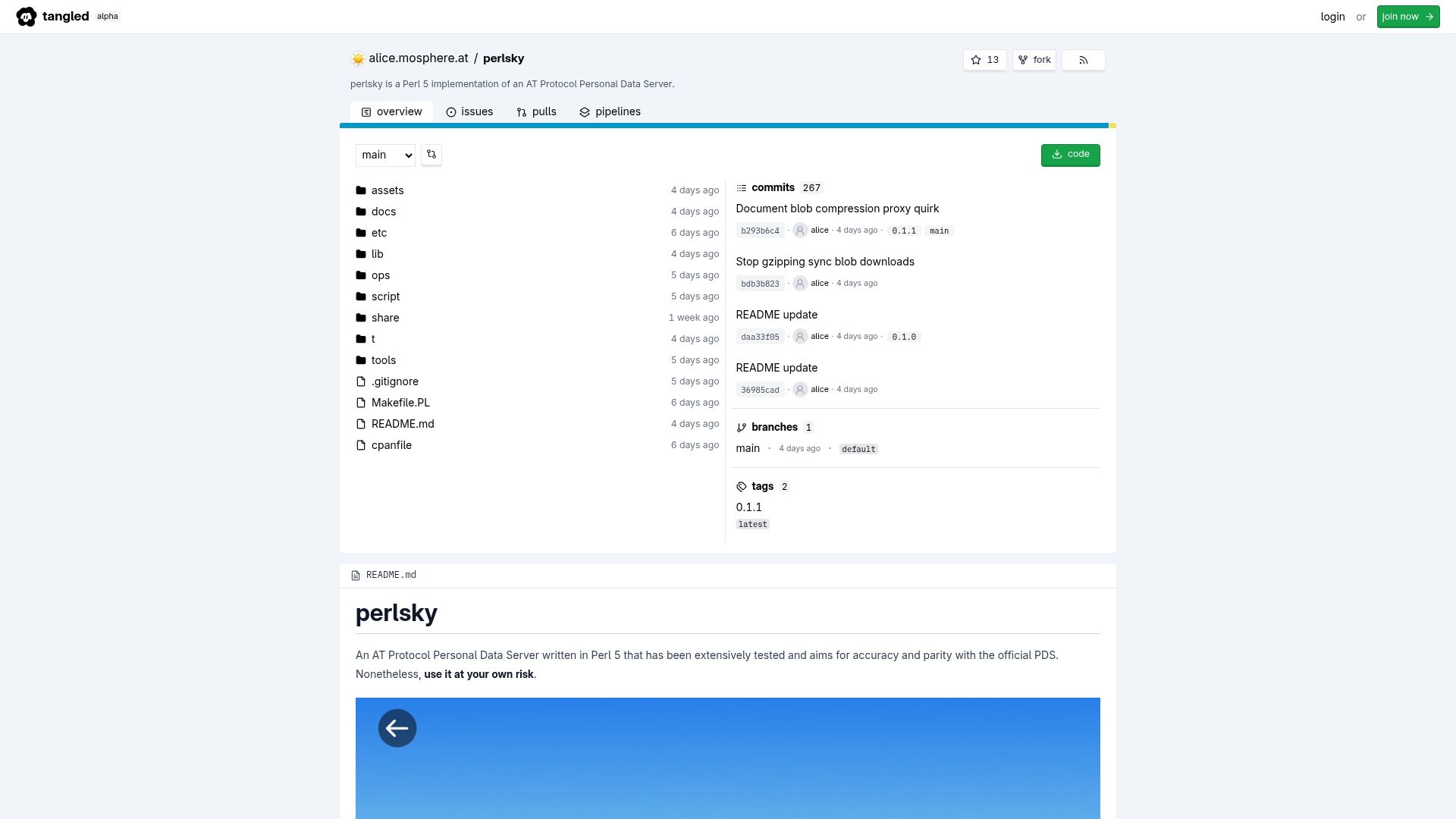 Screenshot of tangled.org: Perlsky Is a Perl 5 Implementation of an at Protocol Personal Data Server