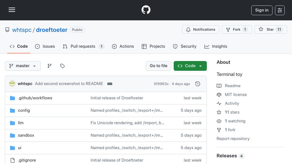 Screenshot of github.com: Show HN: Droeftoeter, a Terminal Coding Toy