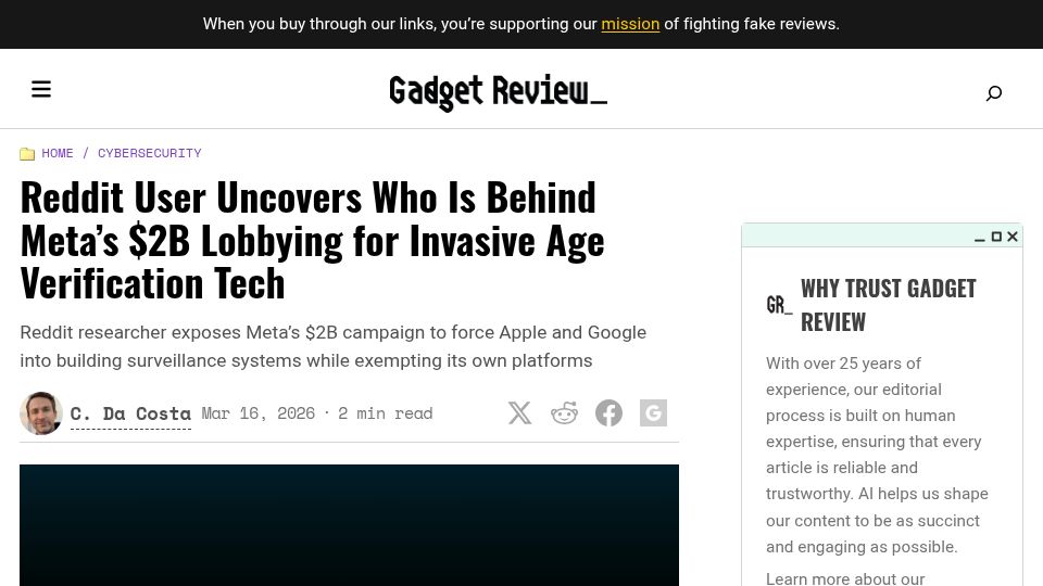 Screenshot of gadgetreview.com: Reddit User Uncovers Who Is Behind Meta's $2B Lobbying for Age Verification Tech