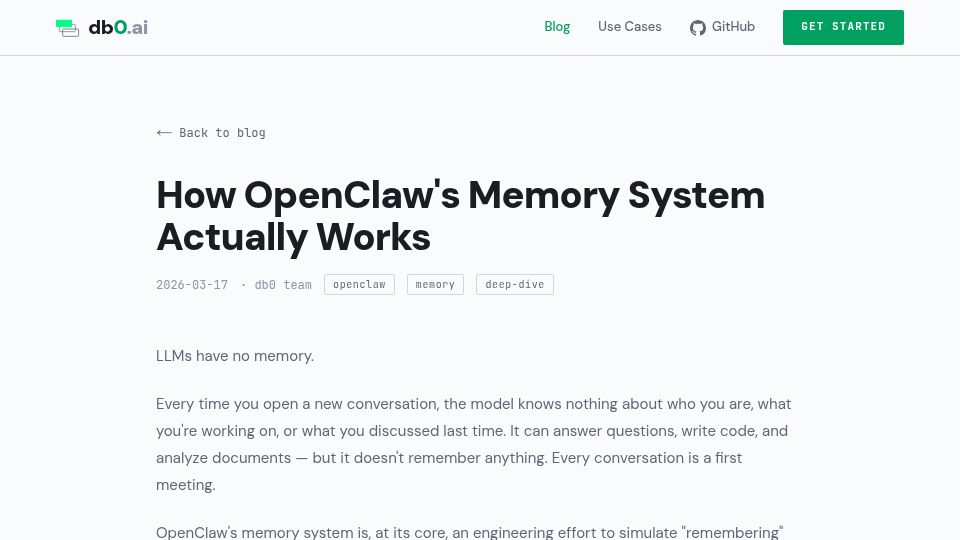 Screenshot of db0.ai: How OpenClaw's Memory System Works