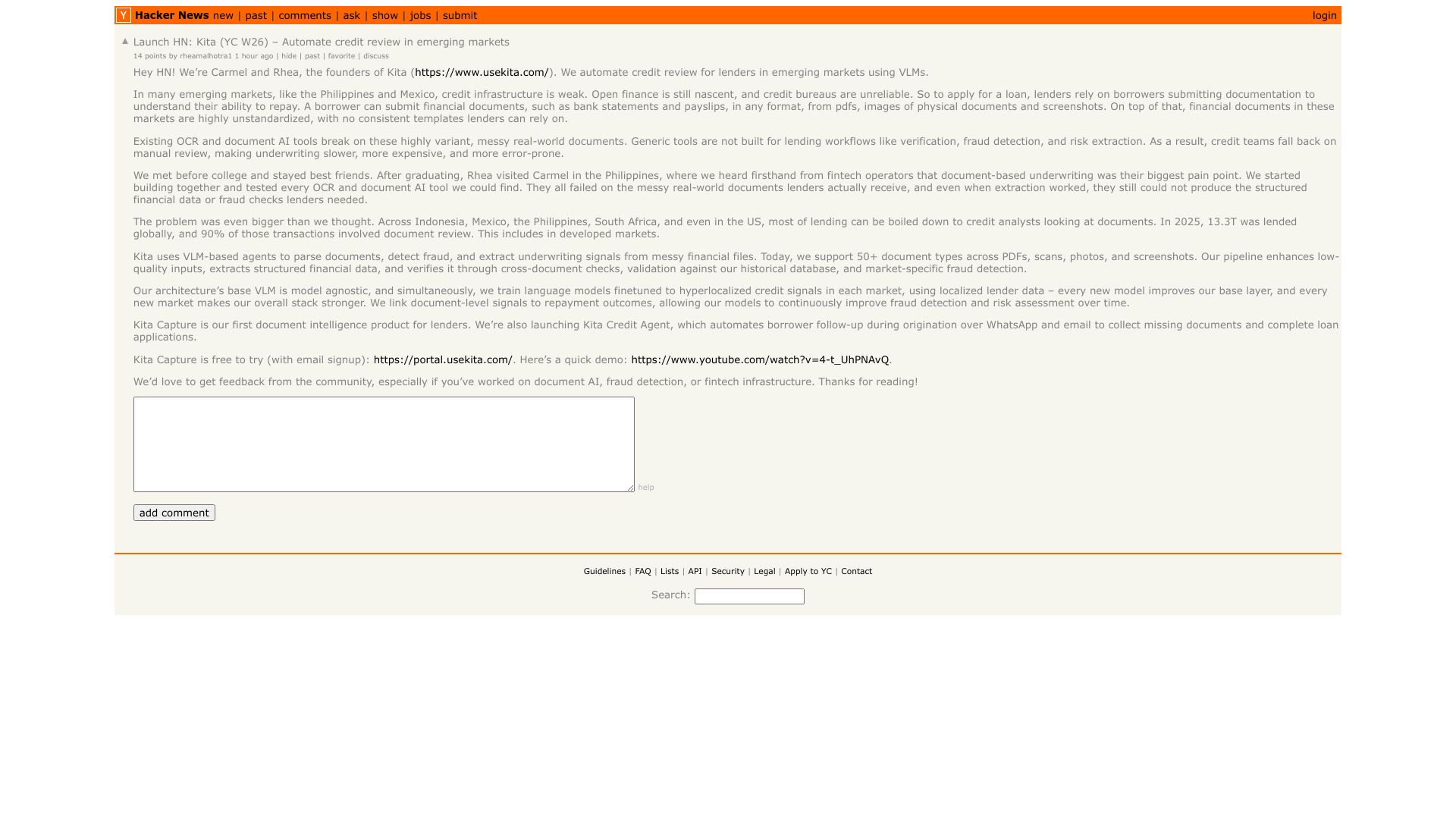 Screenshot of this Hacker News post: Launch HN: Kita (YC W26) – Automate credit review in emerging markets