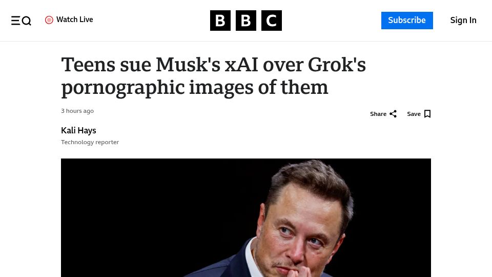 Screenshot of bbc.com: Teens sue xAI over Grok's pornographic images of them