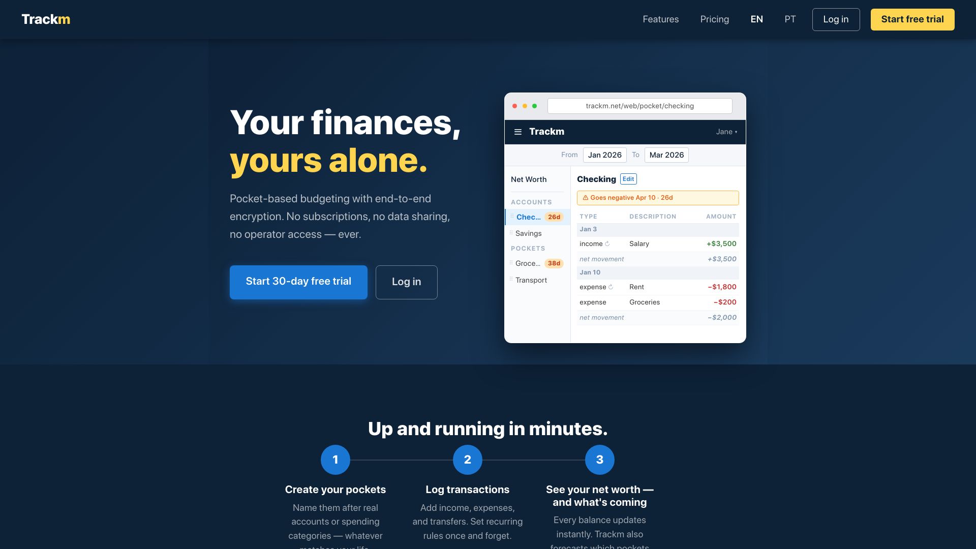 Screenshot of trackm.net: Show HN: Trackm, a personal finance web app