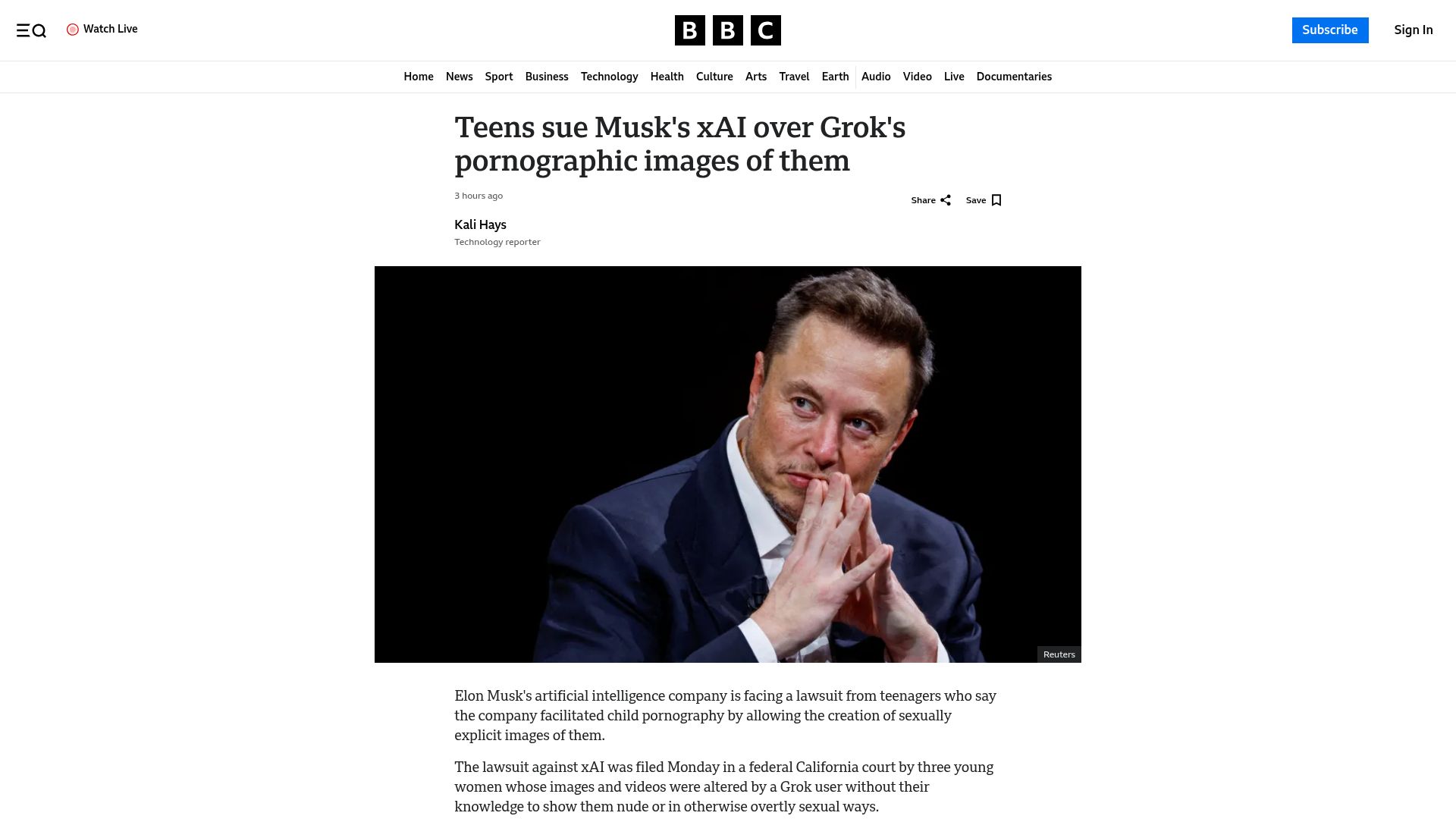 Screenshot of bbc.com: Teens sue xAI over Grok's pornographic images of them