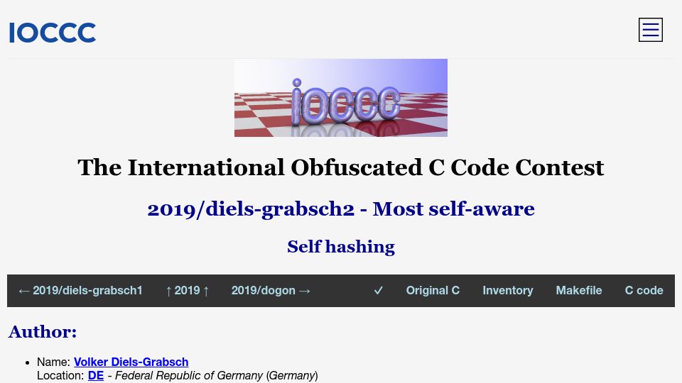 Screenshot of ioccc.org: Diels-grabsch2: Self Hashing C Program (2019)