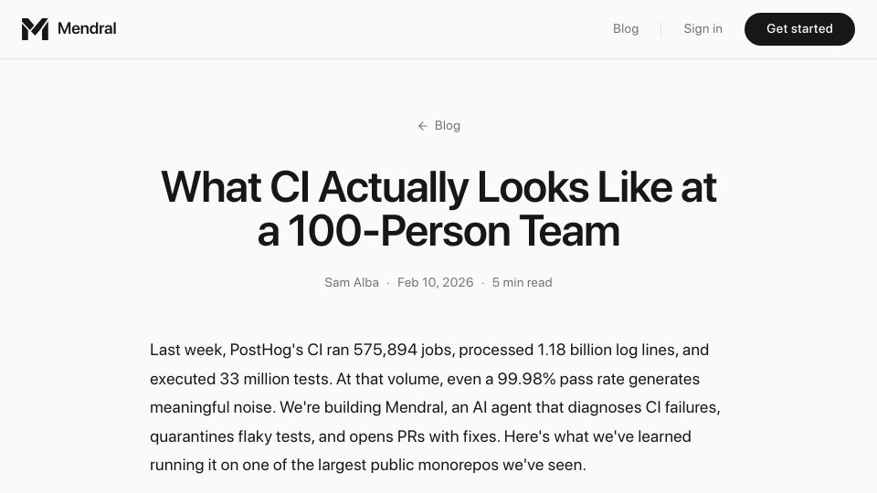 Screenshot of mendral.com: What CI looks like at a 100-person team (PostHog)