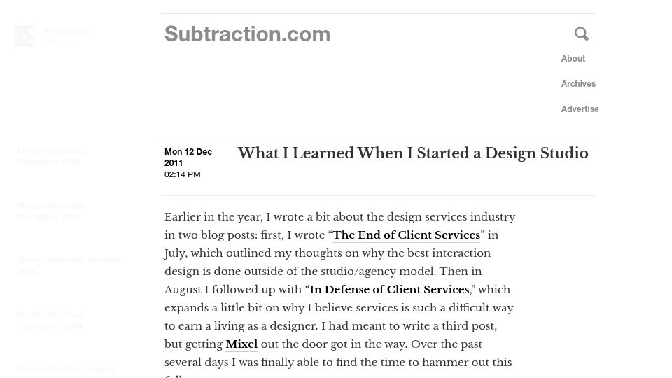 Screenshot of subtraction.com: What I Learned When I Started a Design Studio (2011)