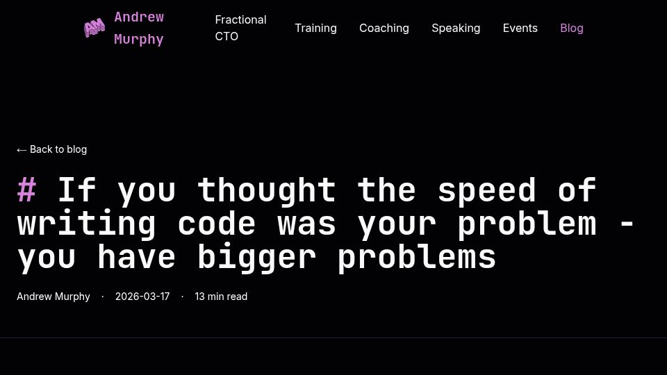Screenshot of andrewmurphy.io: If you thought the code writing speed was your problem; you have bigger problems