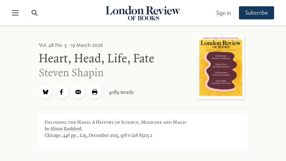 Screenshot of lrb.co.uk: Heart, head, life, fate