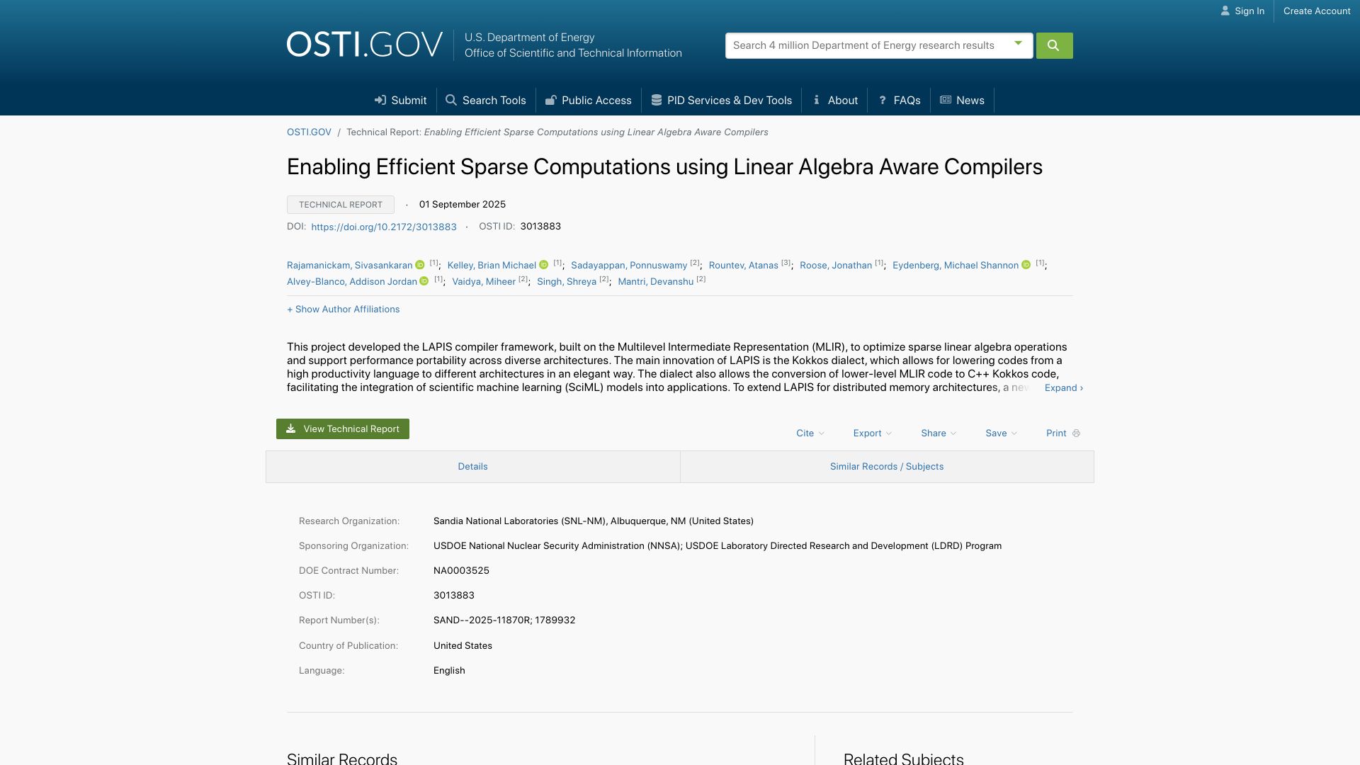 Screenshot of osti.gov: Efficient sparse computations using linear algebra aware compilers (2025)