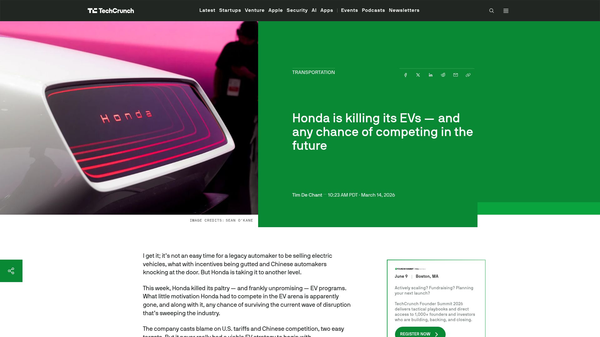Screenshot of techcrunch.com: Honda is killing its EVs
