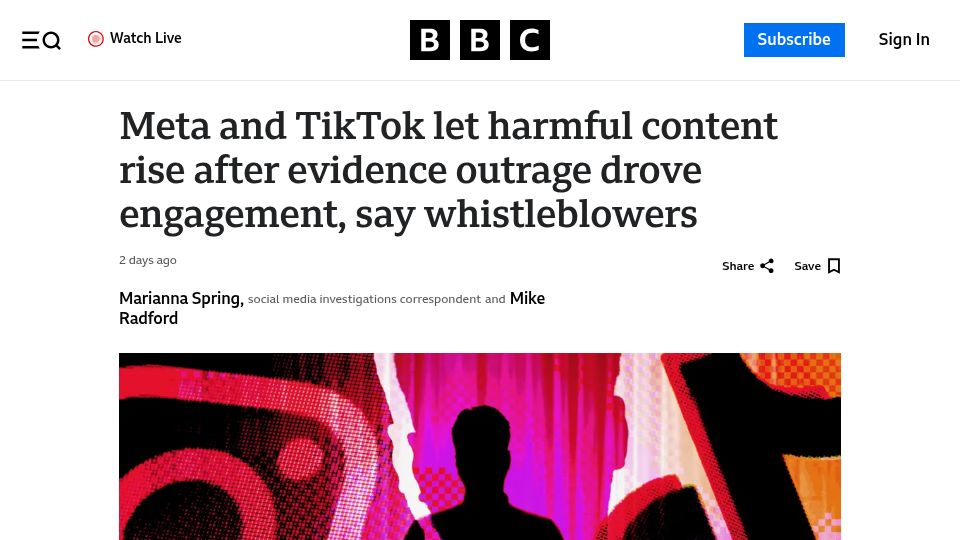 Screenshot of bbc.com: Meta and TikTok let harmful content rise to drove engagement, say whistleblowers
