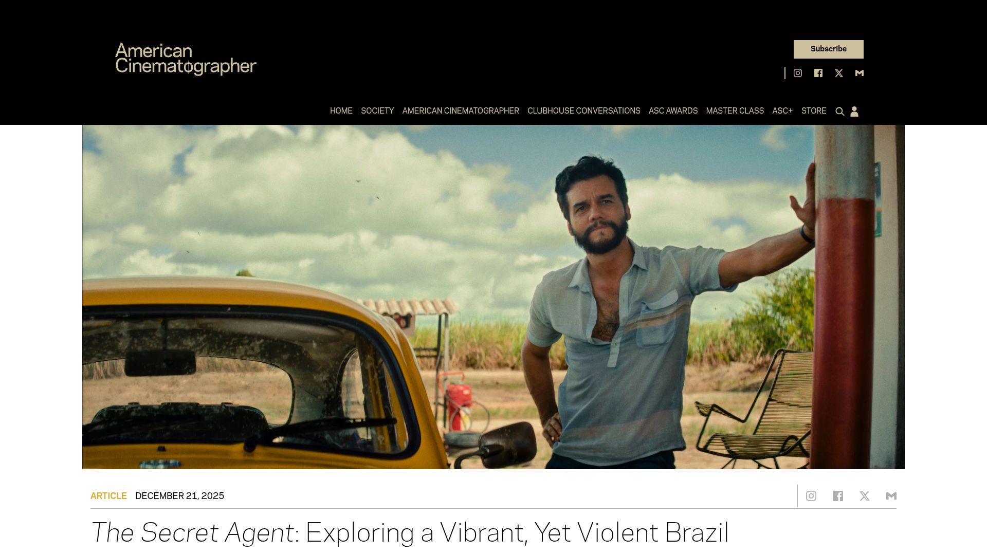 Screenshot of theasc.com: 'The Secret Agent': Exploring a Vibrant, yet Violent Brazil (2025)