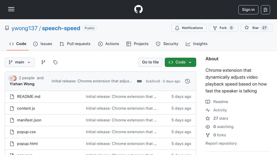 Screenshot of github.com: Chrome extension adjusts video speed based on how fast the speaker is talking