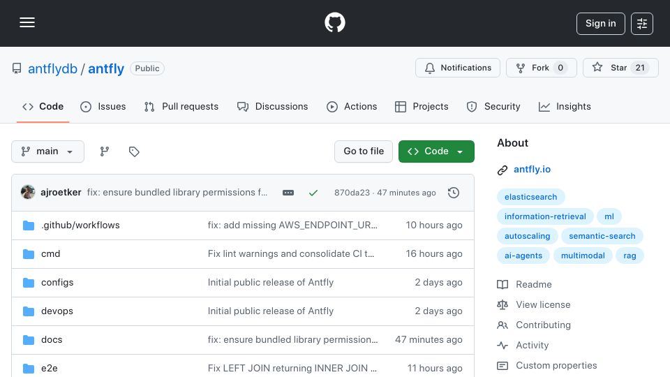 Screenshot of github.com: Show HN: Antfly: Distributed, Multimodal Search and Memory and Graphs in Go