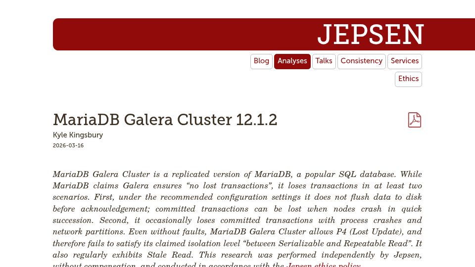 Screenshot of jepsen.io: Jepsen: MariaDB Galera Cluster 12.1.2