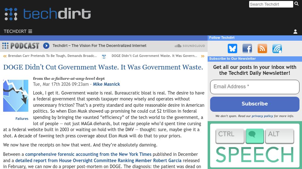 Screenshot of techdirt.com: DOGE Didn't Cut Government Waste. It Was Government Waste