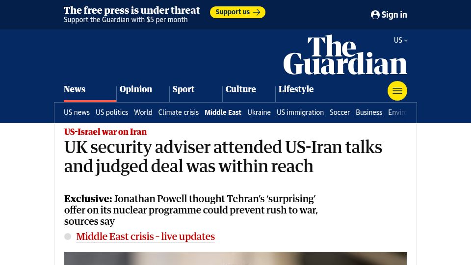 Screenshot of theguardian.com: UK security adviser attended US-Iran talks and judged deal was within reach