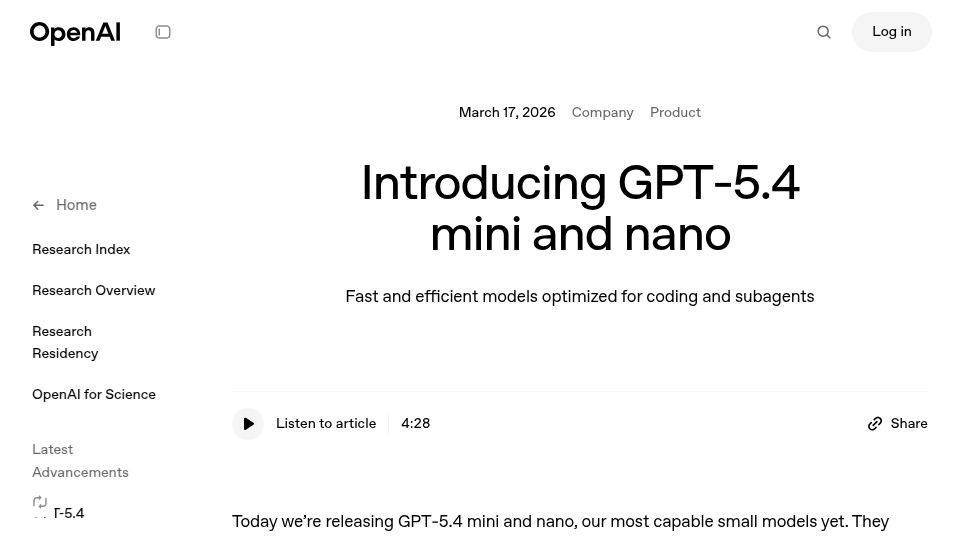 Screenshot of openai.com: GPT‑5.4 Mini and Nano